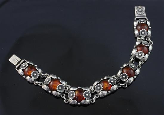 A Danish sterling silver and amber bracelet by Niels Erik From, 7.75in.